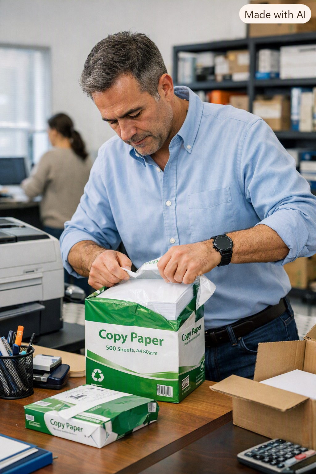 Profesional trabajando con papel y material de oficina